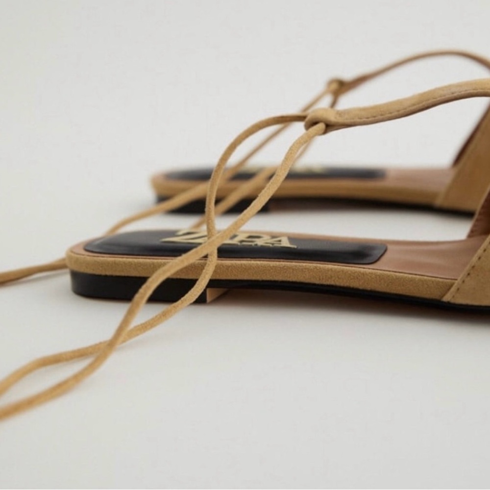 Zara Tan Pointed Toe Flats with Ankle Wrap - Picture 4 of 9